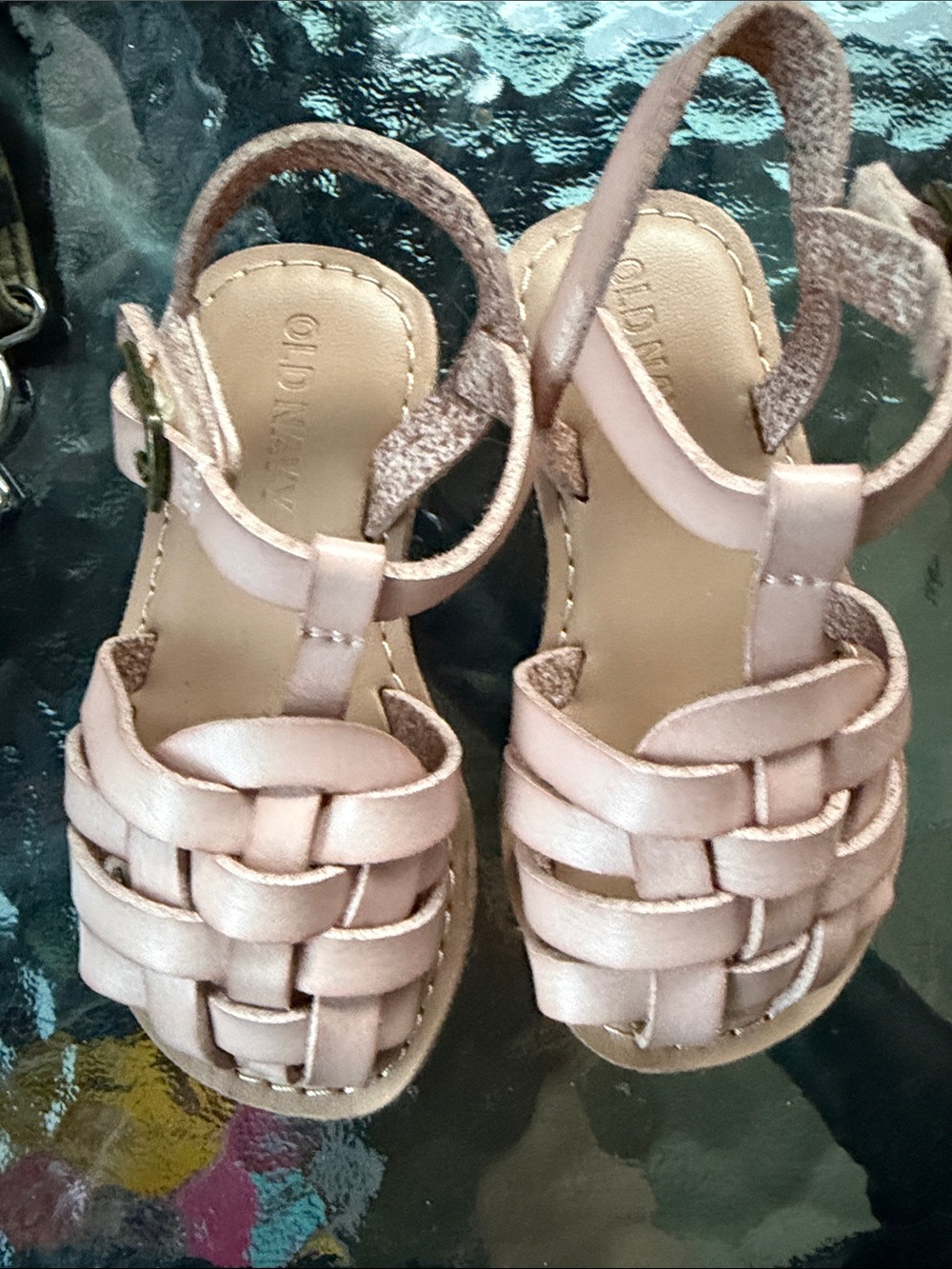 Old Navy Rose Gold Woven T-Strap Kids Sandals